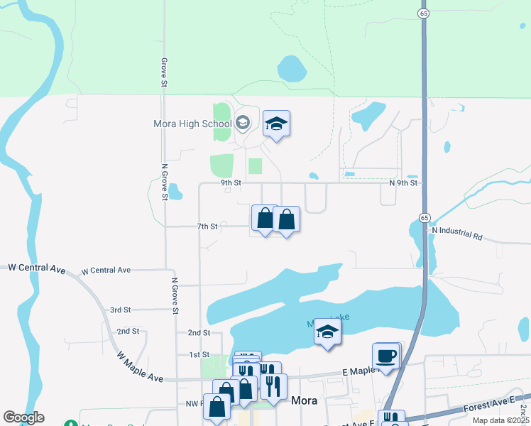 map of restaurants, bars, coffee shops, grocery stores, and more near 705 Village Green Lane in Mora