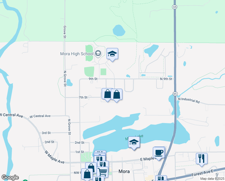 map of restaurants, bars, coffee shops, grocery stores, and more near 705 Village Green Lane in Mora