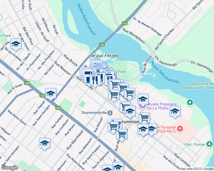 map of restaurants, bars, coffee shops, grocery stores, and more near 224 Rue Hériot in Drummondville