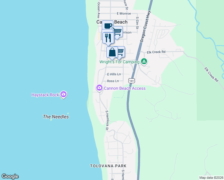 map of restaurants, bars, coffee shops, grocery stores, and more near 131 Arbor Lane in Cannon Beach