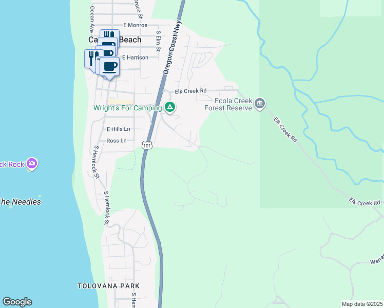 map of restaurants, bars, coffee shops, grocery stores, and more near 400 Sunset Boulevard in Cannon Beach