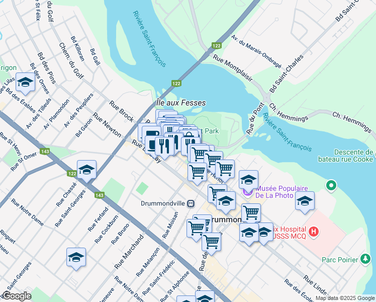 map of restaurants, bars, coffee shops, grocery stores, and more near 224 Rue Hériot in Drummondville