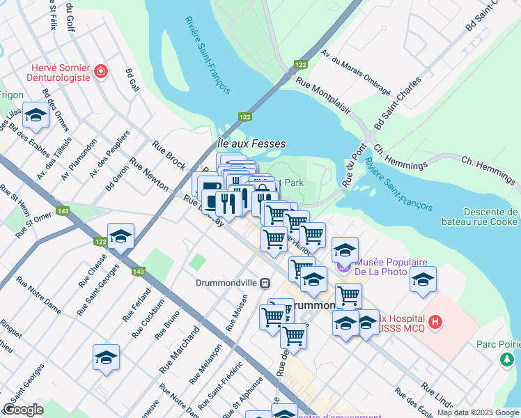 map of restaurants, bars, coffee shops, grocery stores, and more near 224 Rue Hériot in Drummondville