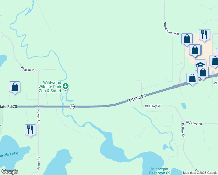 map of restaurants, bars, coffee shops, grocery stores, and more near 9980 Wisconsin 70 in Minocqua