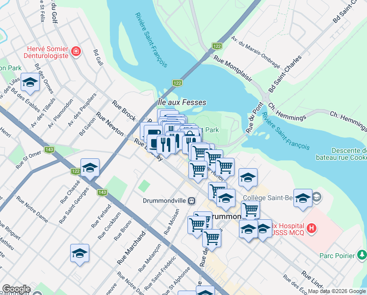 map of restaurants, bars, coffee shops, grocery stores, and more near 212 Rue Hériot in Drummondville