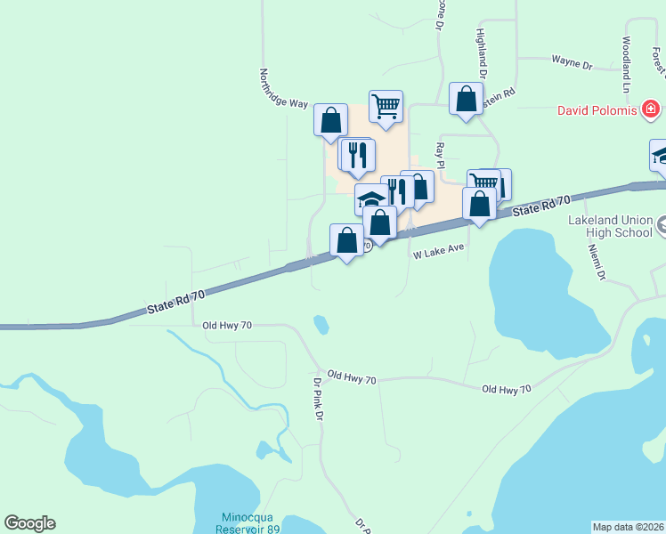 map of restaurants, bars, coffee shops, grocery stores, and more near 9843 Wisconsin 70 in Minocqua