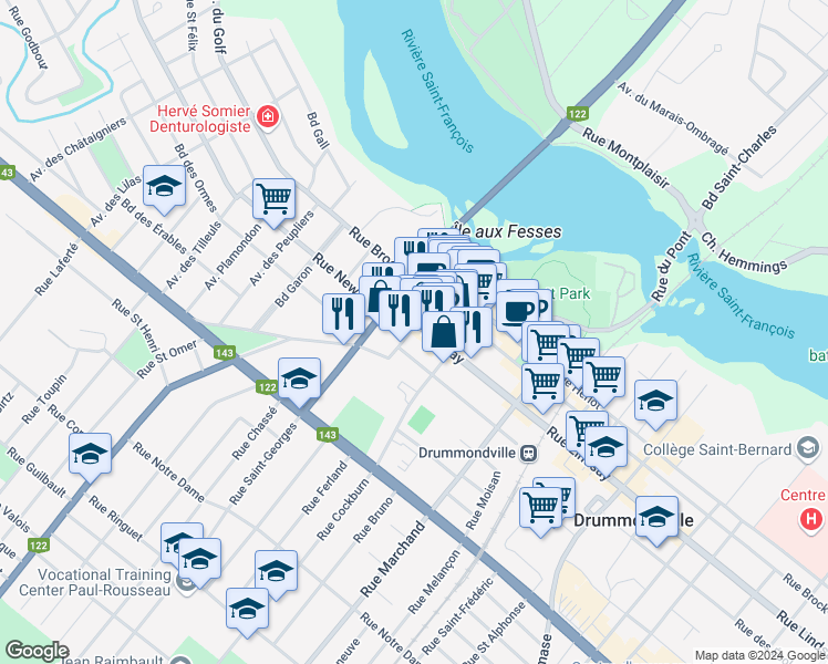 map of restaurants, bars, coffee shops, grocery stores, and more near 154 Rue Loring in Drummondville