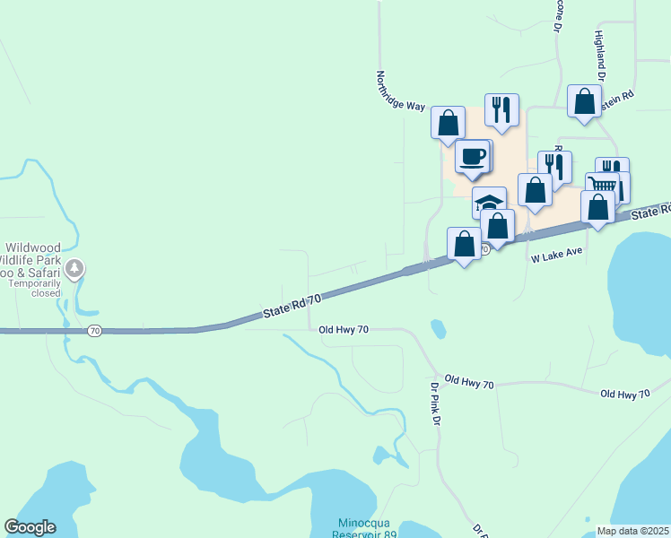 map of restaurants, bars, coffee shops, grocery stores, and more near 9895 Morgan Oaks Drive in Minocqua