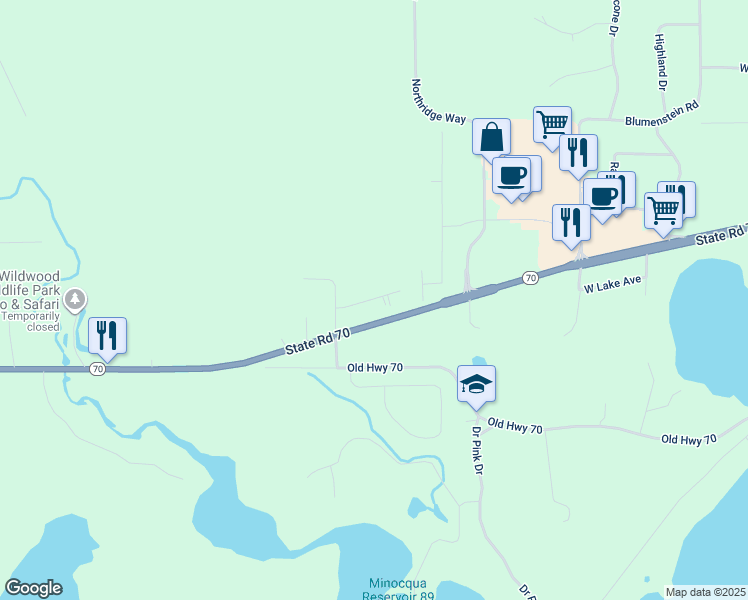 map of restaurants, bars, coffee shops, grocery stores, and more near 9895 Morgan Oaks Drive in Minocqua