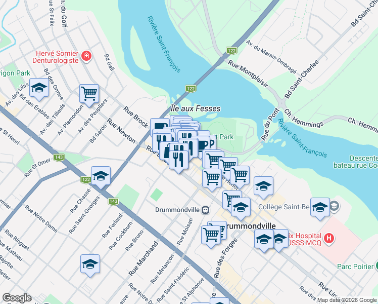 map of restaurants, bars, coffee shops, grocery stores, and more near 203 Rue Hériot in Drummondville