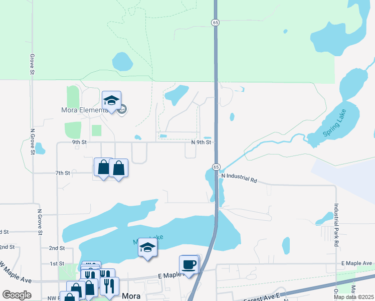 map of restaurants, bars, coffee shops, grocery stores, and more near 501 North 9th Street in Mora