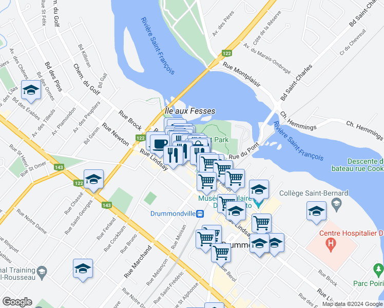 map of restaurants, bars, coffee shops, grocery stores, and more near 212 Rue Hériot in Drummondville
