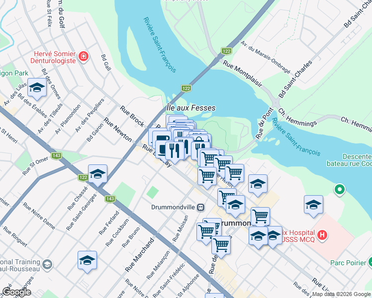 map of restaurants, bars, coffee shops, grocery stores, and more near Rue Heriot in Drummondville