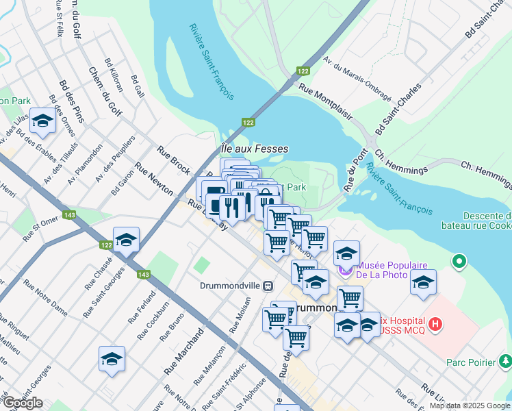 map of restaurants, bars, coffee shops, grocery stores, and more near 224 Rue Hériot in Drummondville