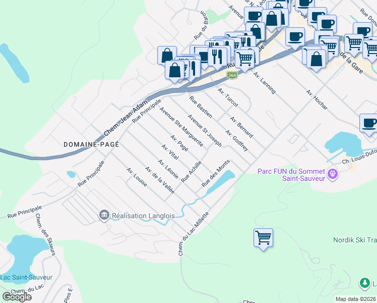 map of restaurants, bars, coffee shops, grocery stores, and more near 66 Avenue Pagé in Saint-Sauveur