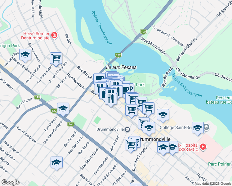 map of restaurants, bars, coffee shops, grocery stores, and more near 195 Rue Hériot in Drummondville