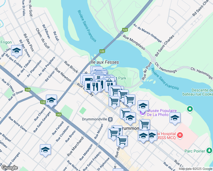 map of restaurants, bars, coffee shops, grocery stores, and more near 224 Rue Hériot in Drummondville