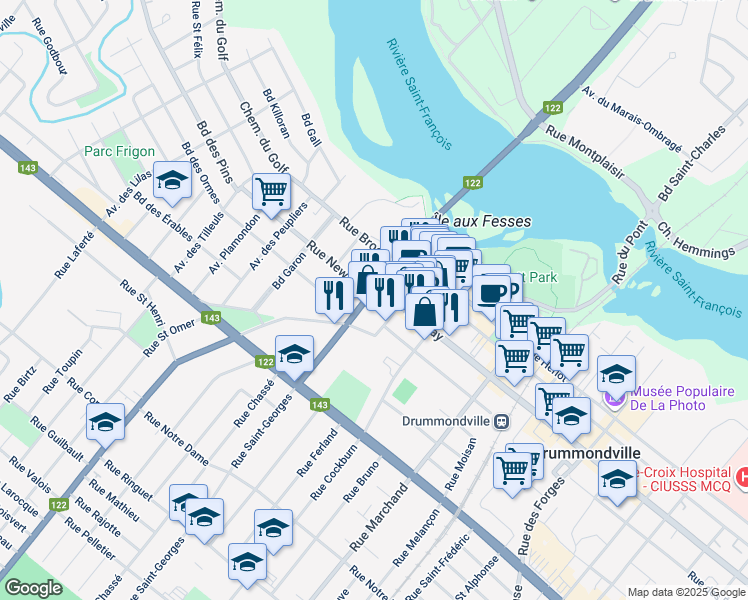map of restaurants, bars, coffee shops, grocery stores, and more near 154 Rue Loring in Drummondville