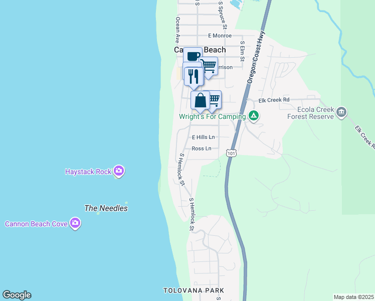 map of restaurants, bars, coffee shops, grocery stores, and more near 1603 Forest Lawn Road in Cannon Beach