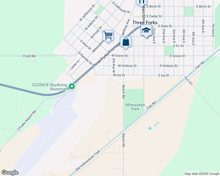 map of restaurants, bars, coffee shops, grocery stores, and more near 347-501 West Ivy Street in Three Forks