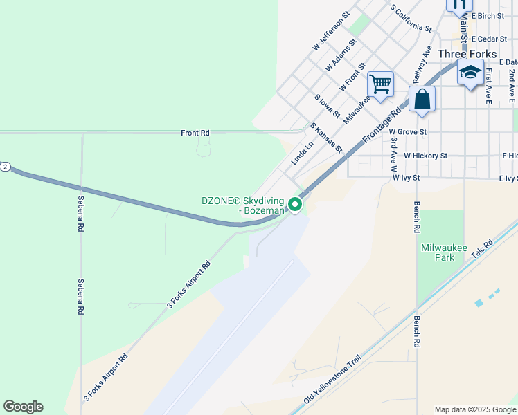 map of restaurants, bars, coffee shops, grocery stores, and more near 734 Linda Lane in Three Forks