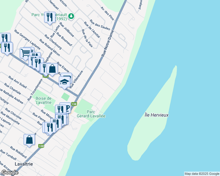 map of restaurants, bars, coffee shops, grocery stores, and more near 130 Rue Émile in Lavaltrie