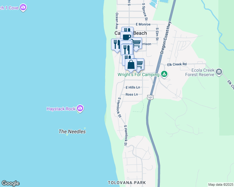 map of restaurants, bars, coffee shops, grocery stores, and more near 1603 Forest Lawn Road in Cannon Beach