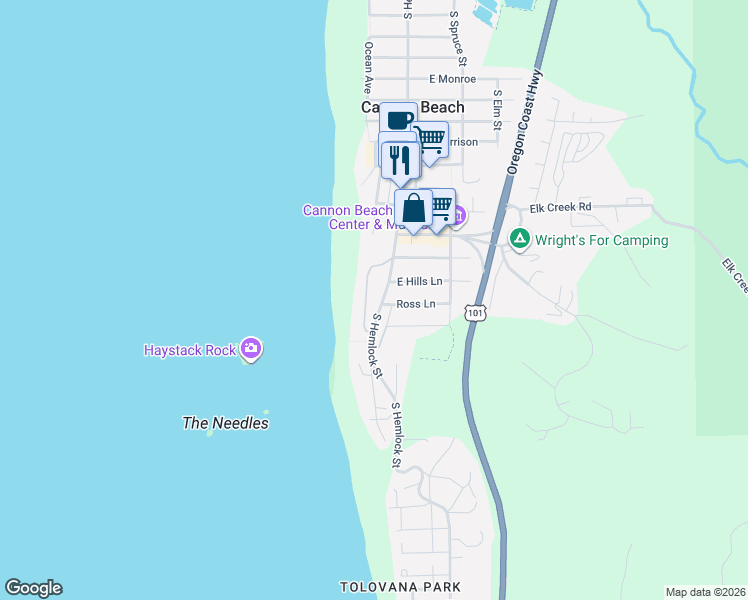 map of restaurants, bars, coffee shops, grocery stores, and more near 1659 Forest Lawn Road in Cannon Beach