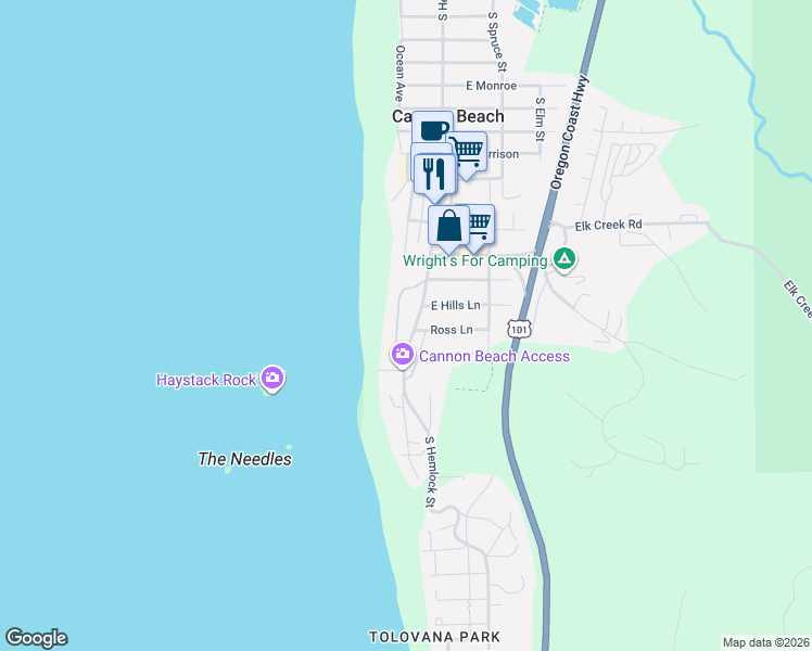 map of restaurants, bars, coffee shops, grocery stores, and more near 1659 Forest Lawn Road in Cannon Beach