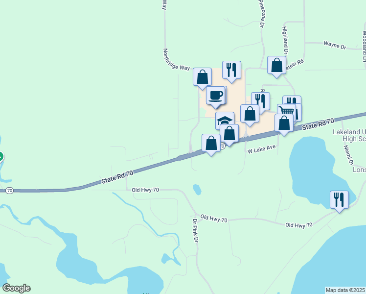 map of restaurants, bars, coffee shops, grocery stores, and more near 8706 Richardson Plat Road in Minocqua