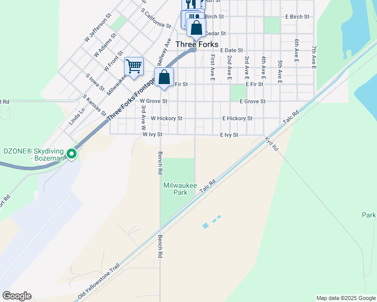 map of restaurants, bars, coffee shops, grocery stores, and more near 1-99 West Ivy Street in Three Forks