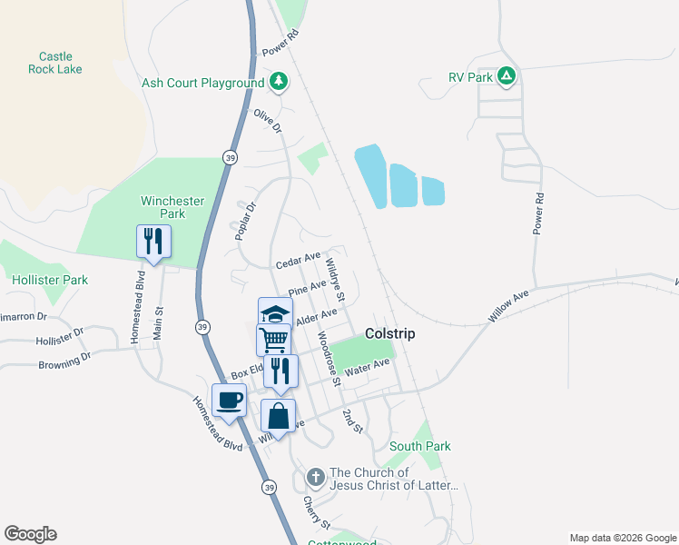 map of restaurants, bars, coffee shops, grocery stores, and more near 400-430 Wildrye Street in Colstrip