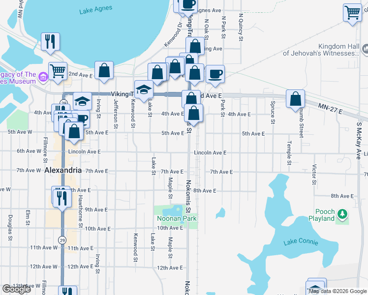 map of restaurants, bars, coffee shops, grocery stores, and more near 514 Nokomis Street in Alexandria