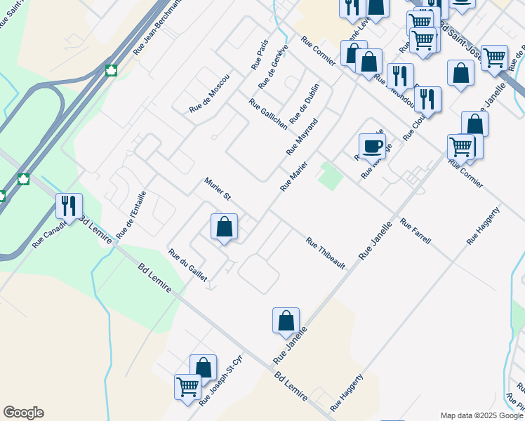 map of restaurants, bars, coffee shops, grocery stores, and more near 1525 Rue Marier in Drummondville