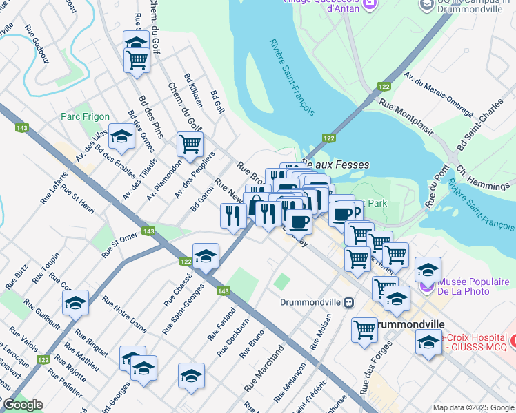 map of restaurants, bars, coffee shops, grocery stores, and more near 131 Rue Saint-Georges in Drummondville