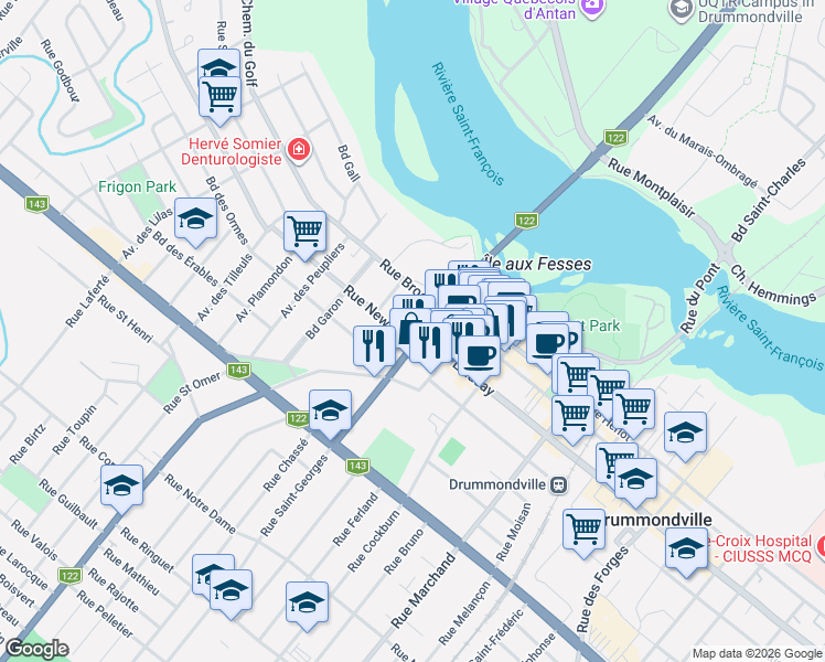map of restaurants, bars, coffee shops, grocery stores, and more near 131 Rue Saint-Georges in Drummondville