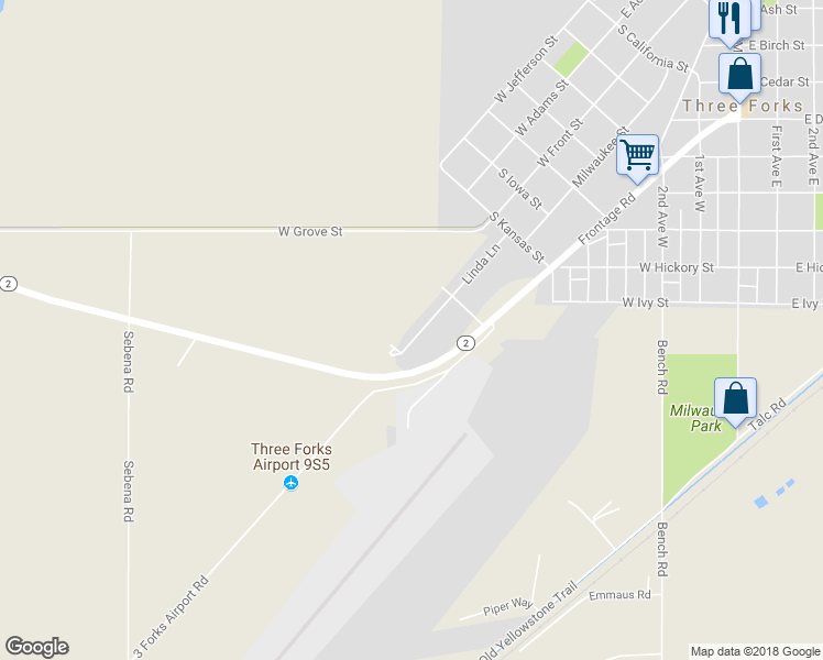 map of restaurants, bars, coffee shops, grocery stores, and more near 734 Linda Lane in Three Forks