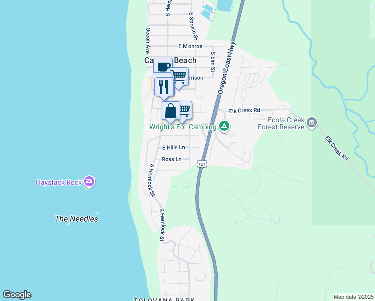 map of restaurants, bars, coffee shops, grocery stores, and more near 195 Hills Lane in Cannon Beach