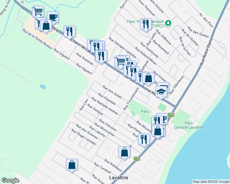 map of restaurants, bars, coffee shops, grocery stores, and more near 300 Rue Ami Soleil in Lavaltrie