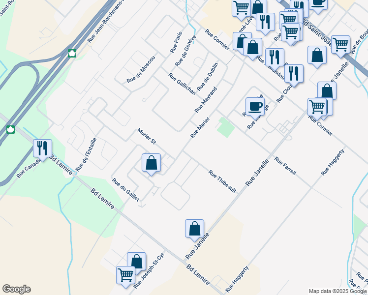 map of restaurants, bars, coffee shops, grocery stores, and more near 1534 Rue Marier in Drummondville