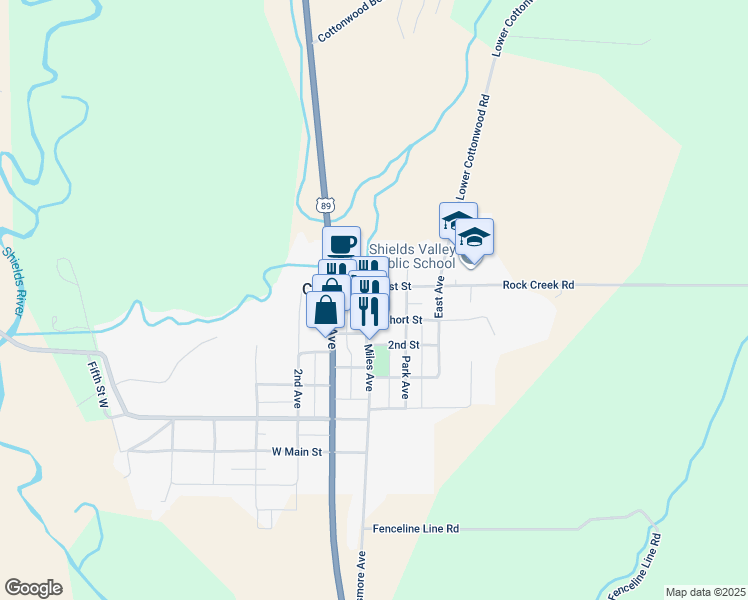 map of restaurants, bars, coffee shops, grocery stores, and more near 512 Miles Street in Wilsall