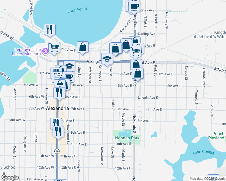 map of restaurants, bars, coffee shops, grocery stores, and more near 511 Lake Street in Alexandria