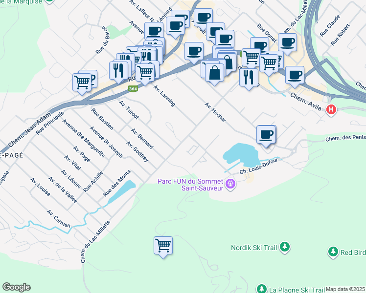 map of restaurants, bars, coffee shops, grocery stores, and more near 366 Chemin du Lac-Millette in Saint-Sauveur