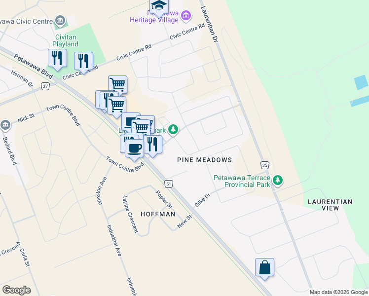 map of restaurants, bars, coffee shops, grocery stores, and more near 2088 Sandstone Crescent in Petawawa