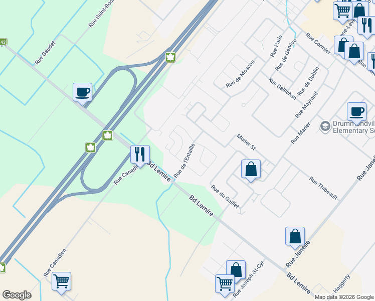 map of restaurants, bars, coffee shops, grocery stores, and more near 2475 Rue de l'Entaille in Drummondville