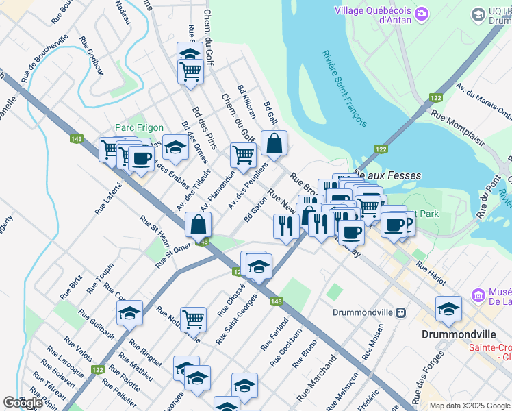 map of restaurants, bars, coffee shops, grocery stores, and more near Boulevard Garon in Drummondville