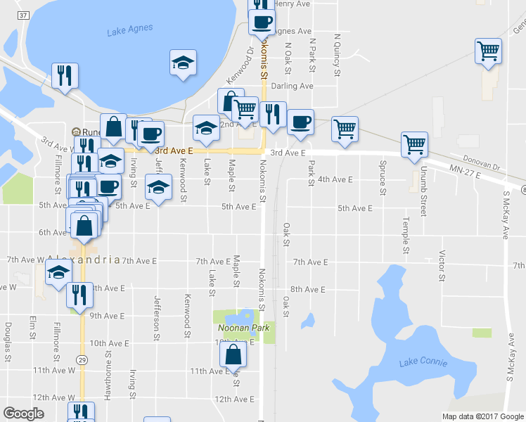 map of restaurants, bars, coffee shops, grocery stores, and more near 514 Nokomis Street in Alexandria
