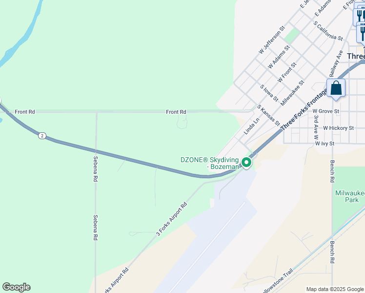 map of restaurants, bars, coffee shops, grocery stores, and more near in Three Forks