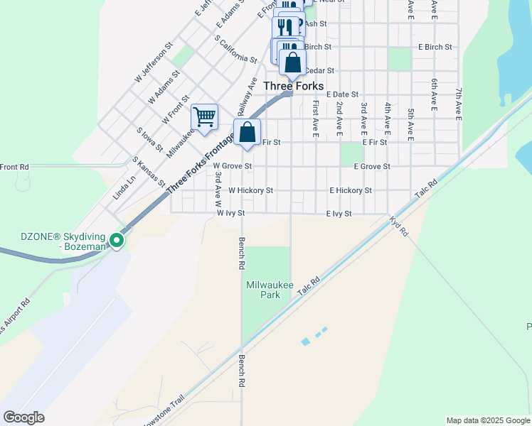 map of restaurants, bars, coffee shops, grocery stores, and more near 199 West Ivy Street in Three Forks