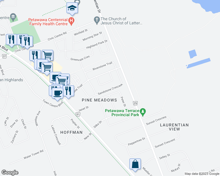 map of restaurants, bars, coffee shops, grocery stores, and more near 2038 Sandstone Crescent in Petawawa